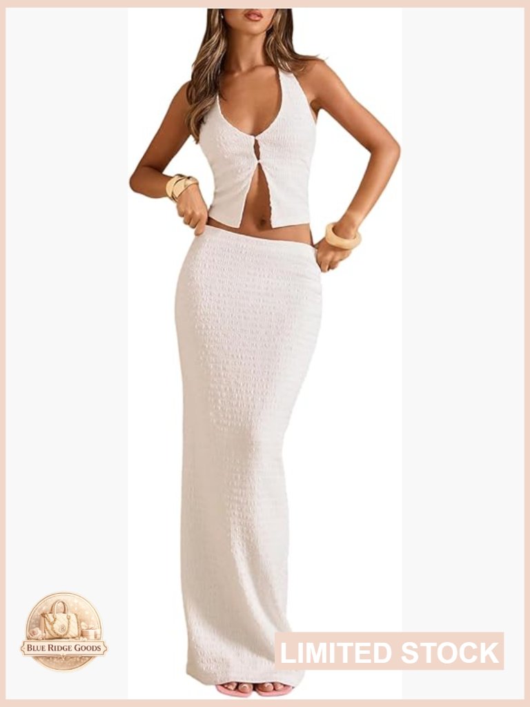 Elegant Split Hem Halter Crop Top And Maxi Skirt Set Evening Party Outfit